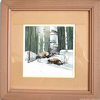 Framed watercolor forest scene showing birch trees and snowy ground with rocks.