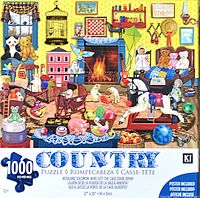 Image of the KI Country 1000-piece puzzle box front showing a colorful country-style room with various toys, animals, and a fireplace.