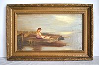 Full view of framed oil painting showing girl in boat on water near grasses.