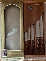 Original box showing vintage Regent-Sherwood stainless steel cutlery set model S-500 with 5 knives in polished hardwood block.