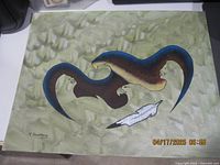 Full view of the canvas painting featuring abstract eagle shapes, human faces, and a white feather on a textured green background.