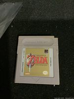 Top front view of the Nintendo Gameboy game cartridge showing The Legend of Zelda: Link's Awakening label.