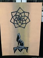 Full view of the artwork showing stylized interwoven star design above grey and black wolf baying on an abstract rock on beige background.