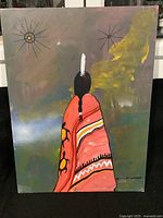 Full view of the painting showing the Native American figure with the red garment and feathered hairpiece against a multicolored abstract background with two star-like symbols.