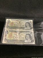 Two 1973 Canadian one dollar bills placed in a plastic sleeve on a black background, showing front side with Queen Elizabeth II portrait.