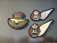 Three WWII Royal Canadian Air Force cloth badges: two Air Gunner half wing badges and one cap badge shown on a gray background.