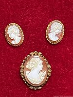 Front view of two oval shell cameo earrings and one larger oval shell cameo brooch on red background