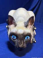 Front close-up showing lifelike blue eyes and brown coloration on the cat's face and ears.