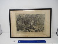 Framed lithograph print showing the entire artwork and frame with a ruler for scale.