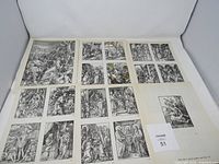 A collection of thirteen vintage black and white etchings laid out, showing a variety of detailed scenes with multiple figures and historical themes.