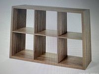 Front view of wooden furniture cabinet showing six equal square compartments with woodgrain finish.