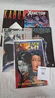 Five comic books stacked showing titles Kabuki, X-Factor, Shadowhawk, Witchblade and front cover of Cyblade Shi Issue 1