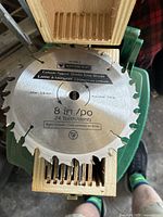 Close-up of one 8 inch carbide tipped dado saw blade with 24 teeth, displaying brand Mastercraft and blade details.