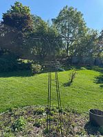 Full view of black metal tripod garden support in flower bed