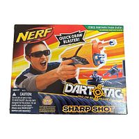 Front of sealed NERF Dart Tag Sharp Shot blaster box