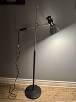 Full view of vintage metal floor lamp standing upright, showing black base and vertical pole with articulating head attached.