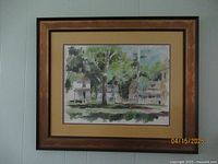 Full view of framed painting showing landscape scene and frame