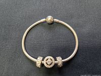 Full overview of the Pandora sterling silver pre-made bracelet with charms, showing the entire bracelet laid out in a circle on a black surface.