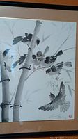 Image showing detailed view of birds and bamboo in Asian brush art print, signed and dated 1985