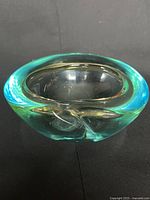 Oblique view showing turquoise interior and clear exterior of bowl