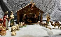 Full nativity scene showing all figures and stable