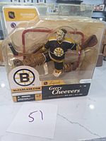 Front view of unopened McFarlane Gerry Cheevers Boston Bruins goalie figure in original packaging.