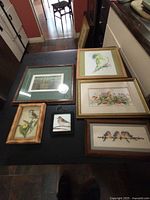 View of seven framed pictures laid on black surface, showing variety of birds and flowers in muted colors, suitable for framing and display.