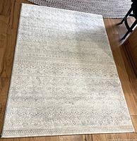 Photo showing the full rectangular area rug on wood flooring, light beige with a subtle textured pattern.