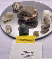 Nine raw mineral specimens displayed on a round mirror surface, showing various crystals and rock textures.