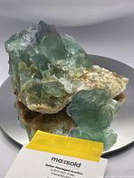 Photo showing raw green fluorite mineral cluster on white matrix rock base with detached green fluorite chunk in front.