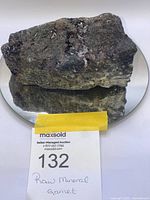 Photo showing large raw mineral sample with dark rough base rock and numerous tiny garnet crystals, placed on a reflective surface with lot label.