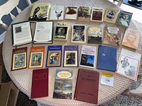 Photo of 22 classic novel books laid out on a table, mostly vintage paperbacks and hardcovers.