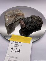 Two raw mineral specimens on a reflective round surface. One is dark and bumpy with a small red crystal; the other lighter with a rough texture.