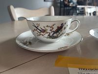 Side view of one vintage Eden fine china teacup on matching saucer, showing detailed bird and branch artwork with gold rim