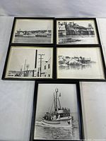 Overview of five framed black and white photographic prints showing coastal and industrial scenes around Cannery Row.