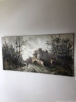 Full view of the vintage landscape painting featuring a dirt road, rustic building, trees, and two small figures walking, set against a cloudy sky.
