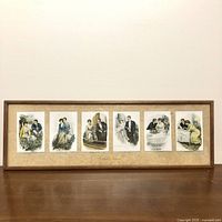 Full view of the wooden framed set of six hand-tinted prints showing Victorian couples in various life and love stages.
