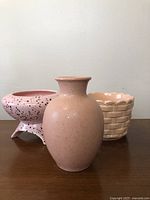 Photo of all three pink pottery items: Scheurich vase, Rubens planter, Portugal planter pot