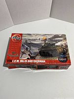 Box front image showing Airfix model kit artwork for L.C.M. Mk.III Landing Craft and Sherman M4 A2 Tank in 1:72 scale with D-Day scene.
