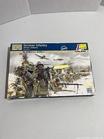 Front of the ITALERI German Infantry model kit box showing action illustration of uniformed soldiers in winter setting firing weapons.