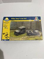 Front of the Italeri Willys Jeep 1/4 ton 4x4 model kit box showing two model vehicles on the cover, scale 1:72, model number 7506.