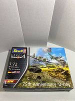 Closed box of Revell 75th Anniversary D-Day Level 4 model kit showing scale, part count and artwork on front.
