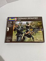 Front of Revell German Infantry WWII model kit box showing illustration of posed soldiers in combat scene, brand, scale 1:76, and product code 02598.