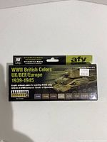 Front of sealed Vallejo WWII British Colors UK/BEF/Europe 1939-1945 acrylic paint set box showing tank artwork and brand information.
