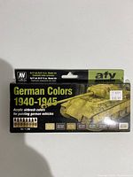 Front view of package showing box art of WWII German tank and paint bottles, labeled German Colors 1940-1945 by Vallejo