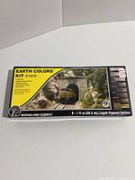 Top view of unopened Woodland Scenics Earth Colors Liquid Pigment Kit box showing product name, use, and artwork of model train tunnel on front.