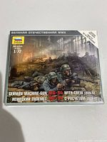 Box front for Zvezda 1/72 German MG34 with crew model kit showing graphic art of soldiers in WWII combat setting