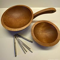 handled maple nut bowl, companion bowl, four metal nut picks