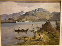 Full view of painted scene with lake, mountains, canoe, figures, teepee