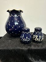 Photo of the vintage German Echt Bergeler pottery set showing cobalt blue vase with fluted edge and salt and pepper shakers.